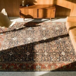 Antique Square Sarouk Farahan Persian Geometric Knotted Rug (SKU 23844) - styled overhead view