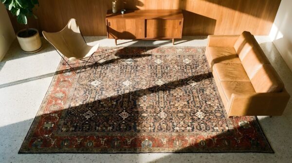Antique square sarouk farahan persian geometric knotted rug 2 Antique square sarouk farahan persian geometric knotted rug (sku 23844) - styled overhead view