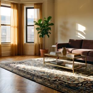 Antique Square Sarouk Farahan Persian Medallion Knotted Rug (SKU 24259) - room view