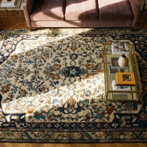 Antique Square Sarouk Farahan Persian Medallion Knotted Rug (SKU 24259) - in-room detail