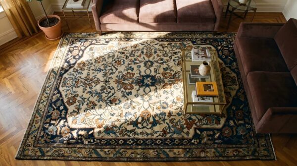 Antique square sarouk farahan persian medallion knotted rug 11 Antique square sarouk farahan persian medallion knotted rug (sku 24259) - in-room detail