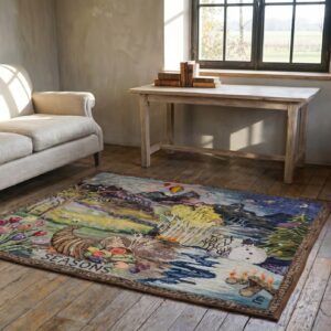 Antique Square Scenic Seasonal Landscape American Folk Art Hooked Seasons Rug (SKU 19955) - room view