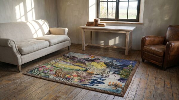 Antique square scenic seasonal landscape american folk art hooked seasons rug 10 Antique square scenic seasonal landscape american folk art hooked seasons rug (sku 19955) - room view