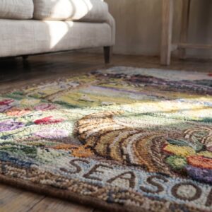 Antique Square Scenic Seasonal Landscape American Folk Art Hooked Seasons Rug (SKU 19955) - in-room detail