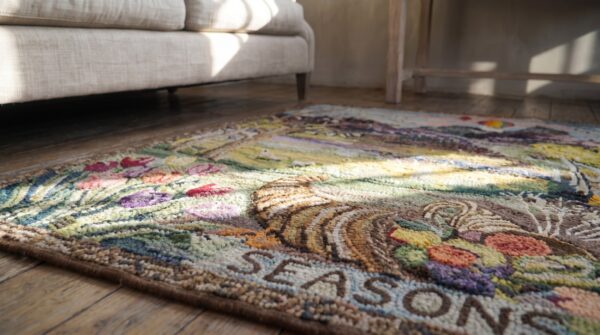 Antique square scenic seasonal landscape american folk art hooked seasons rug 11 Antique square scenic seasonal landscape american folk art hooked seasons rug (sku 19955) - in-room detail