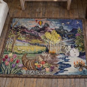 Antique Square Scenic Seasonal Landscape American Folk Art Hooked Seasons Rug (SKU 19955) - styled overhead view