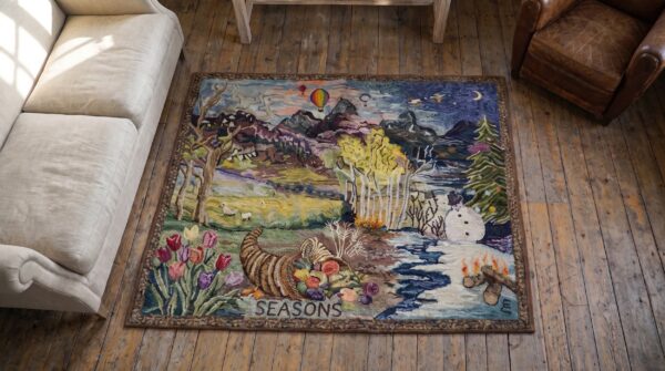 Antique square scenic seasonal landscape american folk art hooked seasons rug 2 Antique square scenic seasonal landscape american folk art hooked seasons rug (sku 19955) - styled overhead view