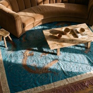 Antique Square Sky Blue Dragon Design Chinese Silk Textile (SKU 25696) - styled overhead view