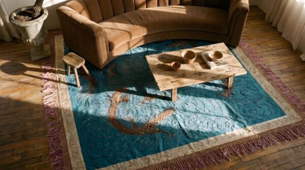 Antique square sky blue dragon design chinese silk textile 2 Antique square sky blue dragon design chinese silk textile (sku 25696) - styled overhead view