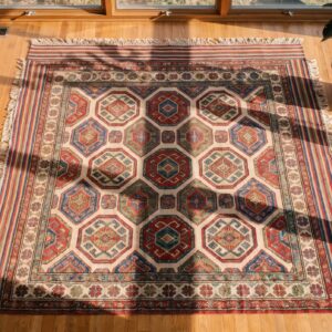 Antique Square Soumak Persian Multicolor 1900s Rug (SKU 22455) - styled overhead view