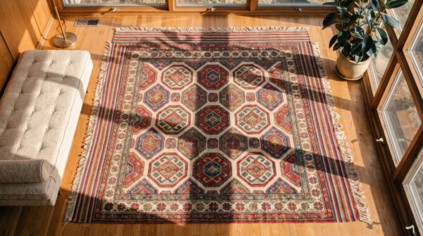 Antique square soumak persian multicolor 1900s rug (sku 22455) - styled overhead view
