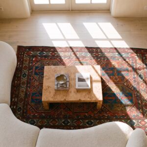 Antique Square Soumak Small Scatter Size Wool Multicolor Red Rug (SKU 25090) - styled overhead view