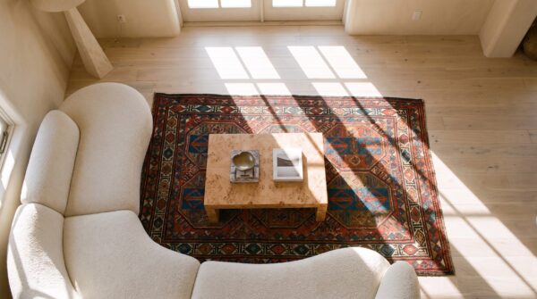 Antique square soumak small scatter size wool multicolor red rug 2 Antique square soumak small scatter size wool multicolor red rug (sku 25090) - styled overhead view