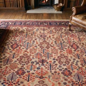 Antique Square Tribal NW Persian Shrub Design Bakshaish Rug (SKU 24524) - styled overhead view