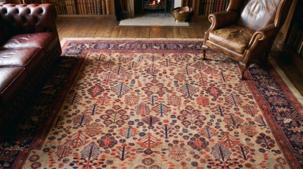 Antique square tribal nw persian shrub design bakshaish rug 2 Antique square tribal nw persian shrub design bakshaish rug (sku 24524) - styled overhead view