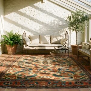 Square Yellow Antique Late 19th Century Tribal Persian Sultanabad Rug (SKU 23970) - styled overhead view
