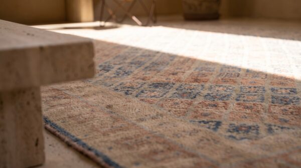 Stepped tribal geometric diamond design antique cotton agra rug 8 Stepped tribal geometric diamond design antique cotton agra rug (sku 20366) - in-room detail