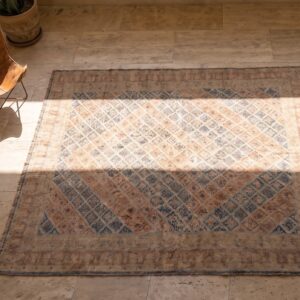 Stepped Tribal Geometric Diamond Design Antique Cotton Agra Rug (SKU 20366) - styled overhead view