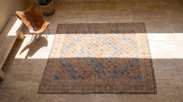 Stepped tribal geometric diamond design antique cotton agra rug 2 Stepped tribal geometric diamond design antique cotton agra rug (sku 20366) - styled overhead view