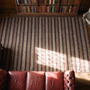 Antique Striped American Flat Weave Hallway Runner Rag Rug (SKU 23382) - styled overhead view