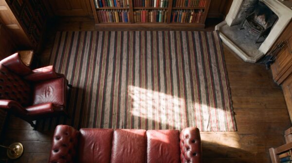 Antique striped american flat weave hallway runner rag rug 2 Antique striped american flat weave hallway runner rag rug (sku 23382) - styled overhead view