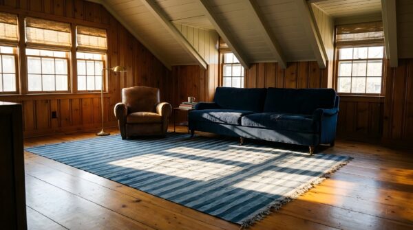 Antique striped flat weave cotton blue indian dhurrie rug 10 Antique striped flat weave cotton blue indian dhurrie rug (sku 24989) - room view