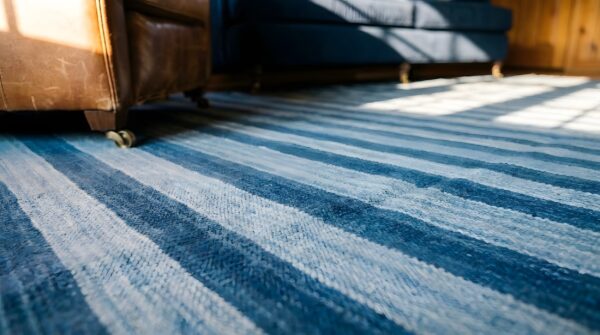Antique striped flat weave cotton blue indian dhurrie rug 11 Antique striped flat weave cotton blue indian dhurrie rug (sku 24989) - in-room detail
