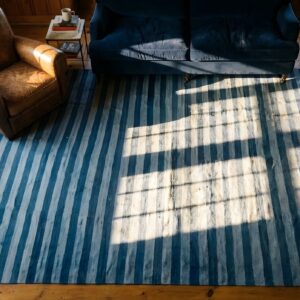 Antique Striped Flat Weave Cotton Blue Indian Dhurrie Rug (SKU 24989) - styled overhead view