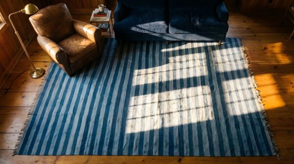 Antique striped flat weave cotton blue indian dhurrie rug 2 Antique striped flat weave cotton blue indian dhurrie rug (sku 24989) - styled overhead view