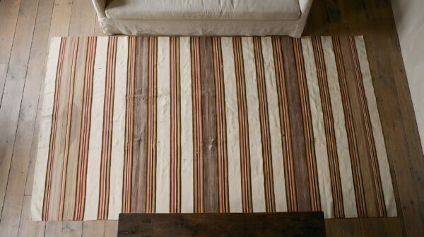 Antique striped native american flatweave navajo light ivory color rug 2 Antique striped native american flatweave navajo light ivory color rug (sku 25542) - styled overhead view