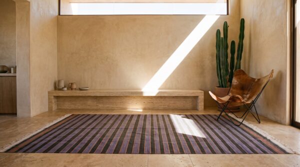 Antique striped purple large room size cotton dhurrie flat woven rug (sku 21552) - room view