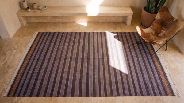 Antique striped purple large room size cotton dhurrie flat woven rug (sku 21552) - styled overhead view