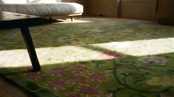 Stunning antique chinese art deco carpet by nichols workshop green hand knotted pile rug 11 Stunning antique chinese art deco carpet by nichols workshop green hand knotted pile rug (sku 23817) - in-room detail