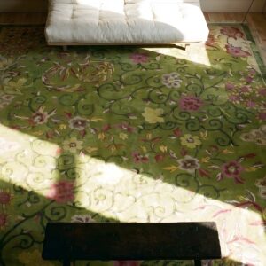 Stunning Antique Chinese Art Deco Carpet by Nichols Workshop Green Hand Knotted Pile Rug (SKU 23817) - styled overhead view