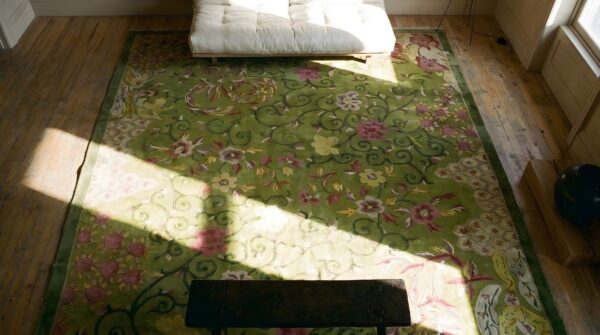 Stunning antique chinese art deco carpet by nichols workshop green hand knotted pile rug 2 Stunning antique chinese art deco carpet by nichols workshop green hand knotted pile rug (sku 23817) - styled overhead view