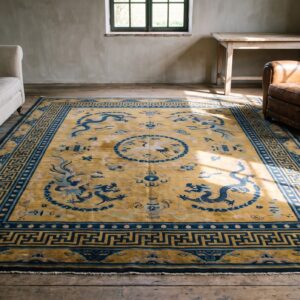Stunning Yellow Background Color Antique Dragon Chinese Bird Of Paradise Tiger Border Rug (SKU 21960) - room view