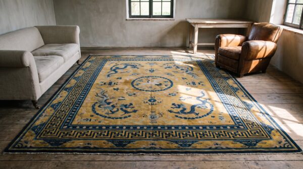 Stunning yellow background color antique dragon chinese bird of paradise tiger border rug 12 Stunning yellow background color antique dragon chinese bird of paradise tiger border rug (sku 21960) - room view