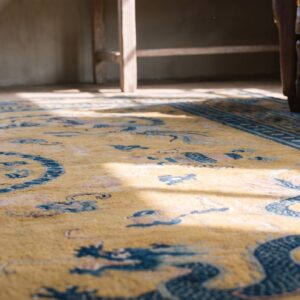 Stunning Yellow Background Color Antique Dragon Chinese Bird Of Paradise Tiger Border Rug (SKU 21960) - in-room detail