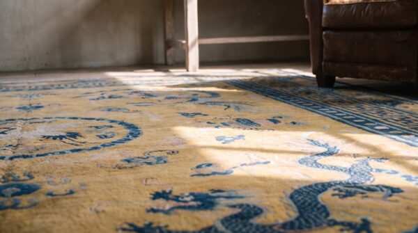 Stunning yellow background color antique dragon chinese bird of paradise tiger border rug 13 Stunning yellow background color antique dragon chinese bird of paradise tiger border rug (sku 21960) - in-room detail