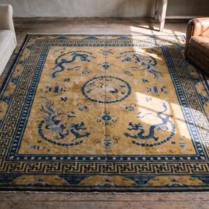 Stunning Yellow Background Color Antique Dragon Chinese Bird Of Paradise Tiger Border Rug (SKU 21960) - styled overhead view