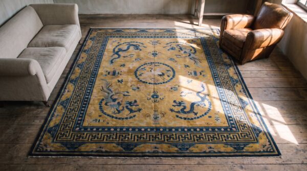 Stunning yellow background color antique dragon chinese bird of paradise tiger border rug 2 Stunning yellow background color antique dragon chinese bird of paradise tiger border rug (sku 21960) - styled overhead view