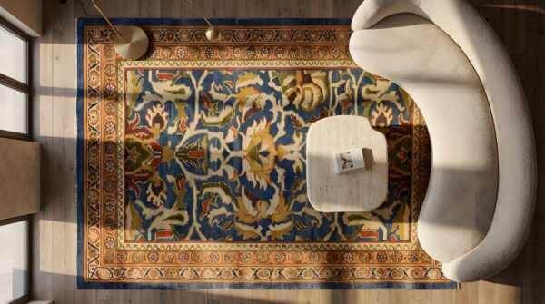 Antique sultanabad persian hallway runner rug - light blue wool pile 2 Antique sultanabad persian hallway runner rug - light blue wool pile (sku 22724) - styled overhead view