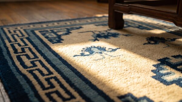 Antique swastika medallion pattern small scatter size mongolian rug (sku 21177) - in-room detail