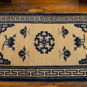 Antique Swastika Medallion Pattern Small Scatter Size Mongolian Rug (SKU 21177) - styled overhead view