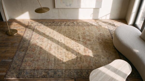 Antique tabriz persian ivory 1920s rug 2 Antique tabriz persian ivory 1920s rug (sku 21568) - styled overhead view