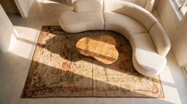 Antique tapestry french ivory 1750s rug 2 Antique tapestry french ivory 1750s rug (sku 20319) - styled overhead view