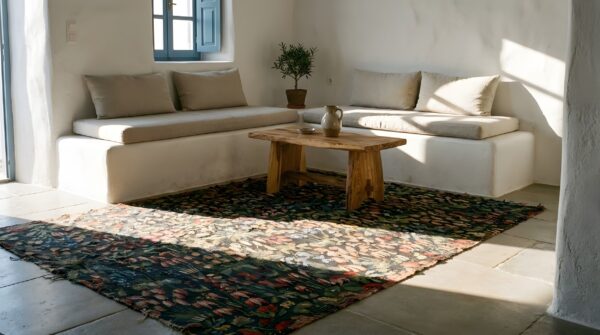 Antique tapestry square small scatter size wool & silk black rug 12 Antique tapestry square small scatter size wool & silk black rug (sku 25232) - room view