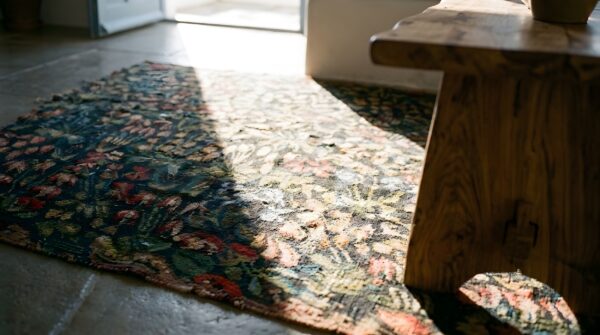 Antique tapestry square small scatter size wool & silk black rug 13 Antique tapestry square small scatter size wool & silk black rug (sku 25232) - in-room detail