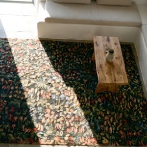 Antique Tapestry Square Small Scatter Size Wool & Silk Black Rug (SKU 25232) - styled overhead view