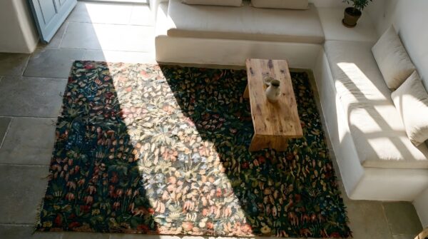 Antique tapestry square small scatter size wool & silk black rug 2 Antique tapestry square small scatter size wool & silk black rug (sku 25232) - styled overhead view
